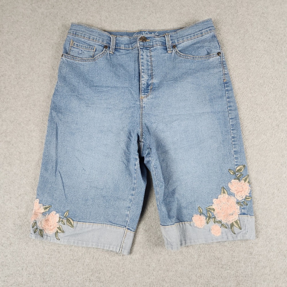 Gloria Vanderbilt Amanda Shorts Womens 12 Blue Denim Floral Embroidered Slimming